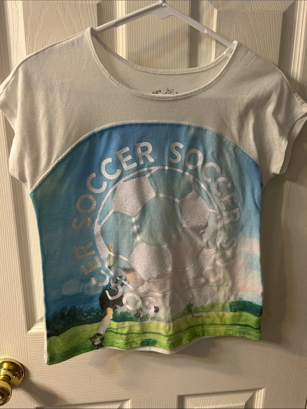 2 Justice Soccer Graphic Tee in White, Blue & Green